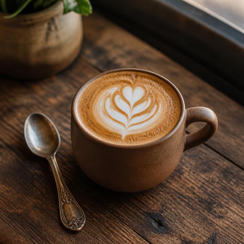 Oat milk flat white with latte art in a matte clay mug
