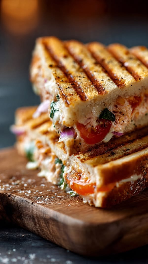 Grilled panini sandwich with melted cheese, tomato, and basil on a rustic wooden board